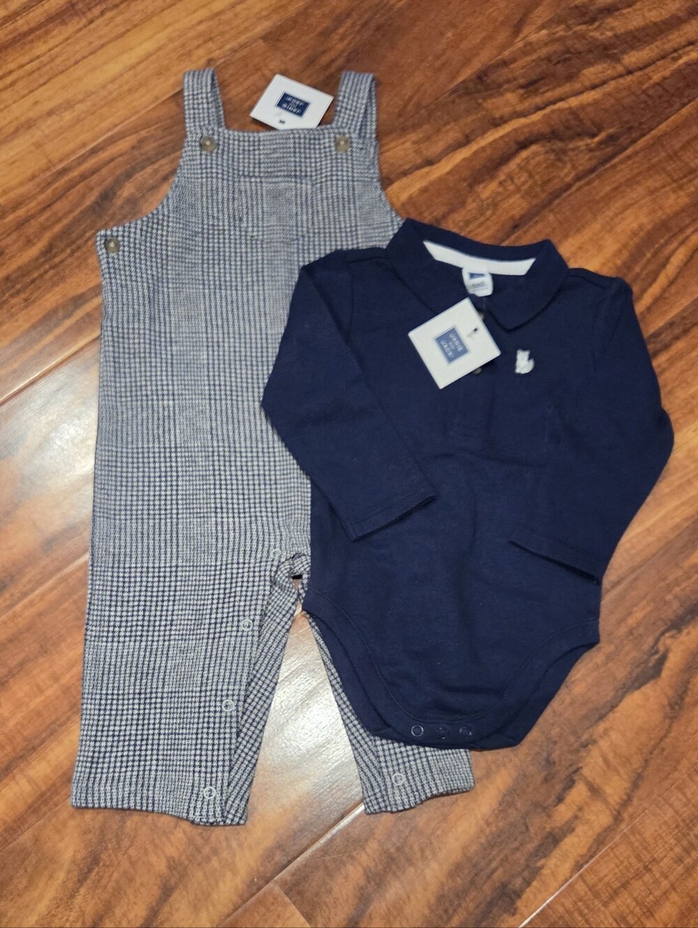 Janie and Jack NWT 6-12 Months Navy Fox Polo Bodysuit & Houndstooth Overalls